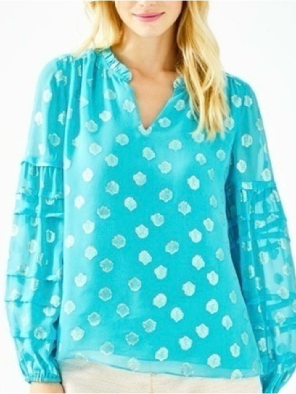 Lilly Pulitzer Giana Silk Long Sleeve in Turquoise Metallic Ruffle-Sleeve Blouse